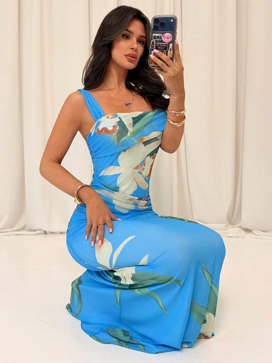 Firerie 女士新款优雅浪漫度假海滩下午茶派对连衣裙，蓝色和杏色不对称肩部修身连衣裙，春夏度假连衣裙 - 彩色 - 查看 1