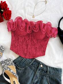 Soleia Top bandeau elegante con volantes y estampado jacquard para mujer - Rojo - Ver 5