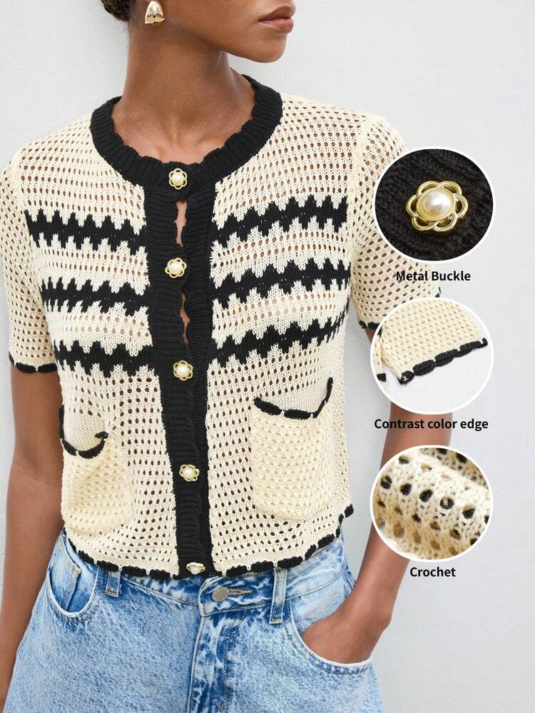 SHEIN Maija Women's Contrast Color Short Sleeve Single-Breasted Hollow Thin Cardigan, Spring Clothes, Spring Outfit , Spring Women, Summer Outfits , Summer Tops , Summer Outfit For Women , Party Top, Beach Outfits For Women , Beach Outfits, Beach Top,Black And White Stripes, Knitted Openwork Design  St Patrick's Day Women Easter Summer Outfits Easter Dress Women Party Top Beach Dress Summer Holiday Outfits Each Vacation Outfits For Women  Summer Outfit For Women Going Out Outfits Graduation Graduation Outfit  Casual Dresses  Casual Blouses For Women