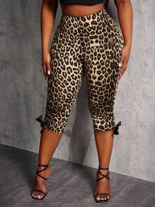 SHEIN SXY 2pcs/Set Plus Size Women's Leopard Print & Chocolate Brown Capri Pants With Bow Decor,Summer Casual Country Everyday Mid-Waist Elastic Capri Pants Set - Brown - View 6