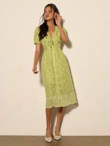 COSMINA Women's Contrast Lace V-Neck Front Tie Short Petal Sleeve Embroidered Mid-Length Dress - Avocado Green - View 3
