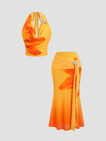 Sweetra 女士黄色度假风印花吊带背心和舒适修身鱼尾裙两件套，春夏款