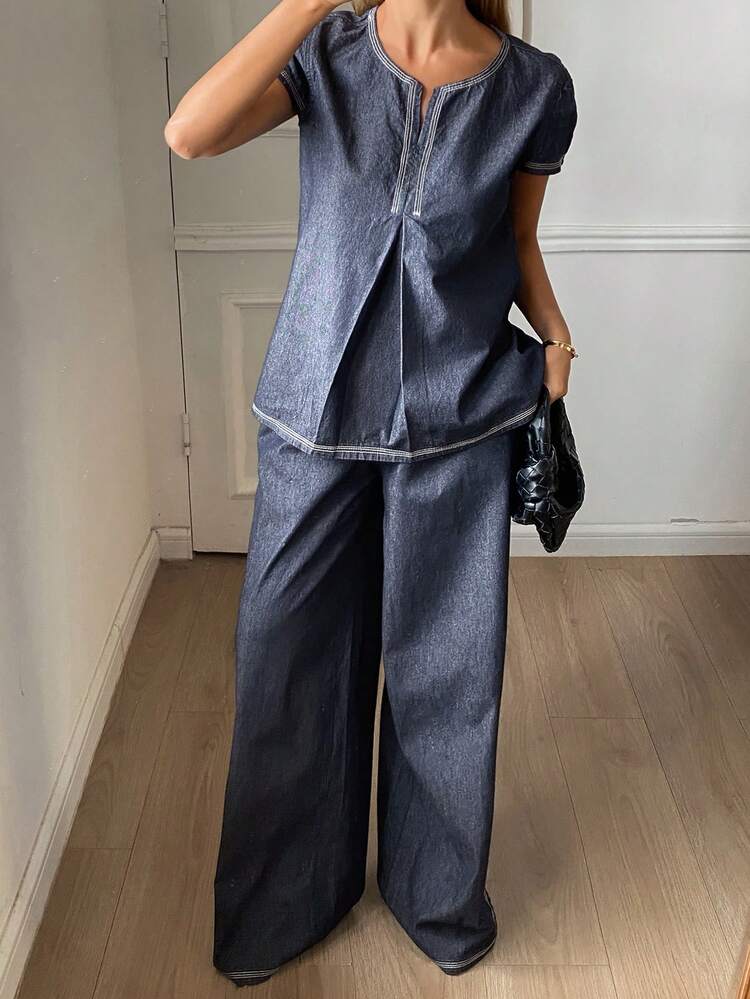Women's Round Neck Short Sleeve Denim Top And Loose Straight Leg Jeans Casual Vacation Outfit