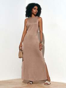 Zivah Summer Casual All-Match Beach Vacation Versatile Backless Design Slit Maxi Loose Dress - Khaki - View 5