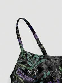 ROMWE Goth 哥特式神秘暗黑雄鹰与植物印花吊带背心（女款） - 黑色 - 查看 4