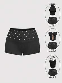 SHEIN MOD Women's Rivet Design Elastic Waist Casual Shorts - Black - View 1