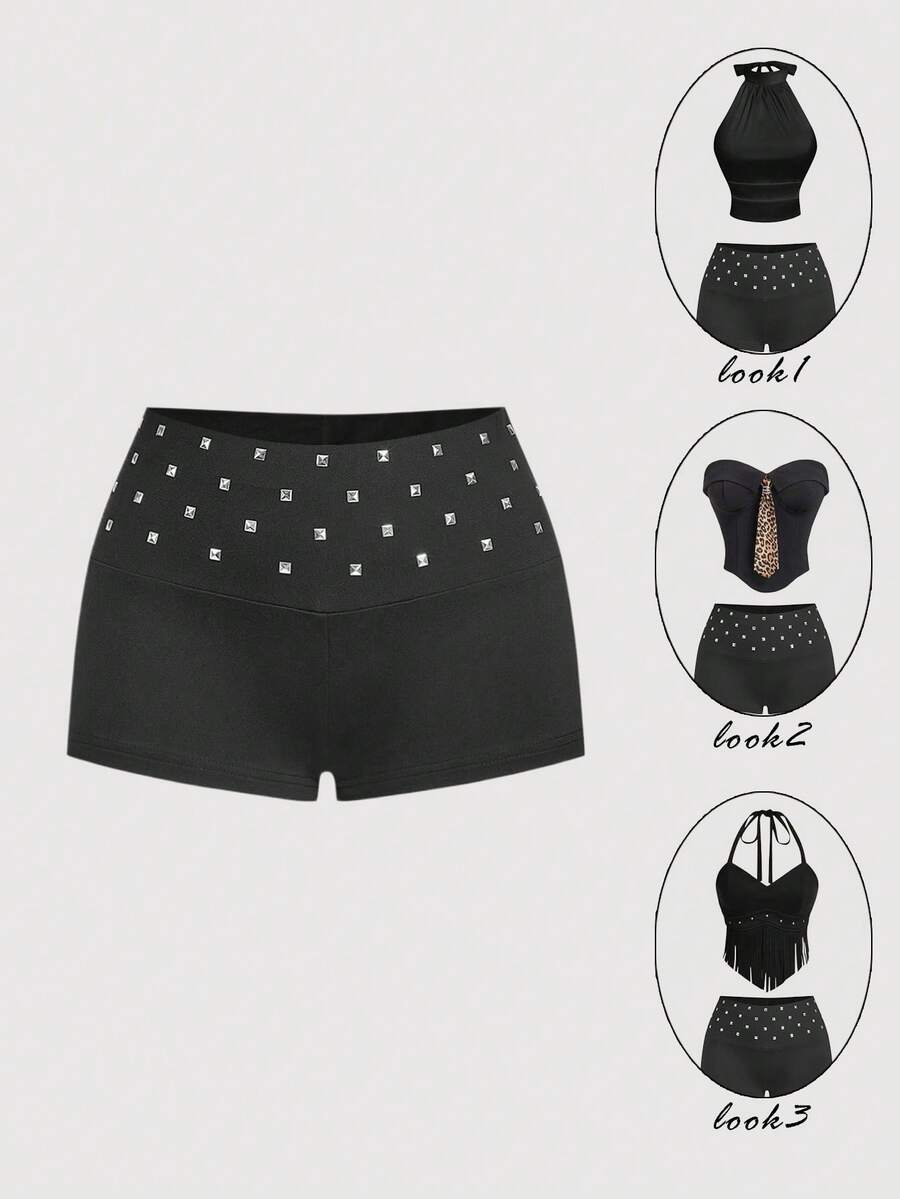 SHEIN MOD Women's Rivet Design Elastic Waist Casual Shorts - Black - View 1