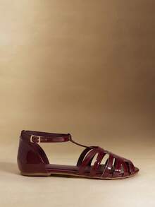 Rosivie Women's Hollow-Out Buckle Design Casual Flat Sandals - Burgundy - View 2