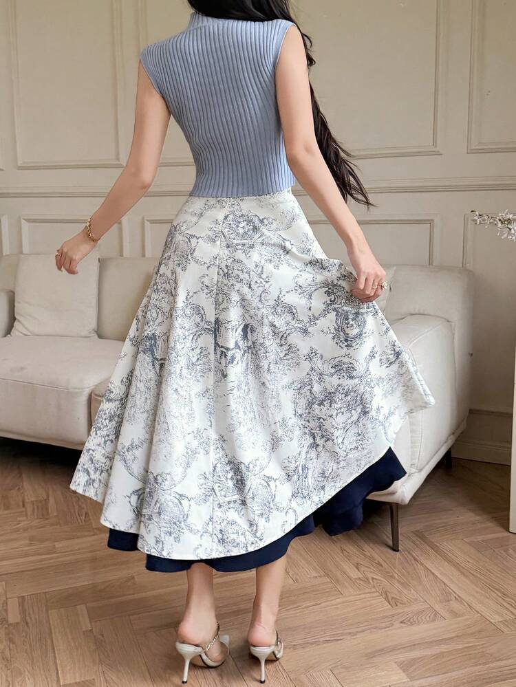 Women's Solid Stand Collar Ribbed Cap Sleeve Knit Top And Botanical Print A-Line Skirt Elegant 2-Piece Set