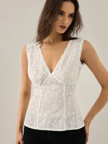 Rafferiza Women's V-Neck Lace Patchwork Vacation Blouse - White - View 5