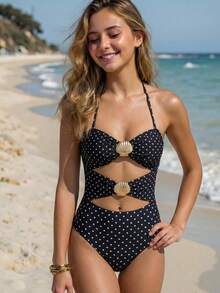SHEIN Teen Girls Black 1pc Detachable Strap Hollow Starfish Accent Ruched One-Piece Swimsuit Summer,Beach - Black - View 5