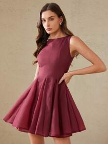 Aveloria Rosie 新款甜美可爱无袖雪纺迷你连衣裙，荷叶边下摆，女士款 - 酒紅色 - 查看 6