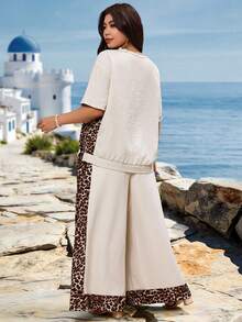 EMERY ROSE Große Größen Leopardenmuster Patchwork Leinen-ähnliche Textur asymmetrischer Saum Hemd & lockere Hose 2-teiliges Set, Beige, Sommer, Boho, Strand, Urlaub Lässig - Verschiedenfarbig - Übersicht 2