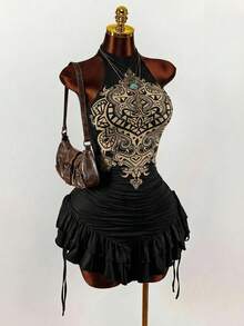 Amplova Asymmetric Ruffle Hem Fitted Mini Dress With High Collar,Black Dress For Women - Black - View 4