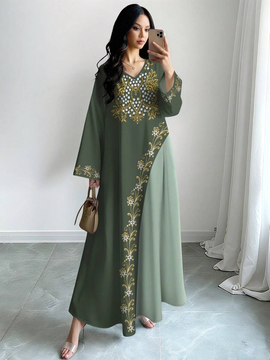 SHEIN Najma 女士花卉植物仿钻刺绣印花V领长袖优雅长款连衣裙，春夏款 - 彩色 - 查看 1