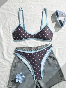 Swim Mod Summer Women's 2pcs Polka Dot Print Spaghetti Strap Backless Crop Top And High Cut Bikini Bottoms Swimsuit Set - Multicolor - View 3