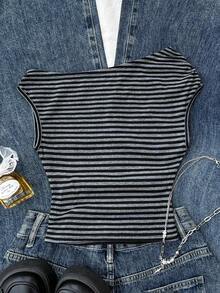 少女背心和吊带衫，纯黑/白/灰条纹针织休闲简约波点印花修身不对称褶皱露脐上衣，适合春夏穿着，休闲个性风格，日常百搭。 - 彩色 - 查看 2