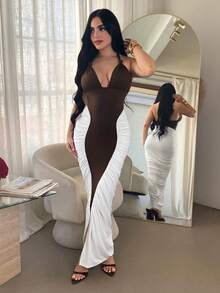 SHEIN SXY 女士深V领褶皱撞色拼接紧身吊带连衣裙 - 彩色 - 查看 6