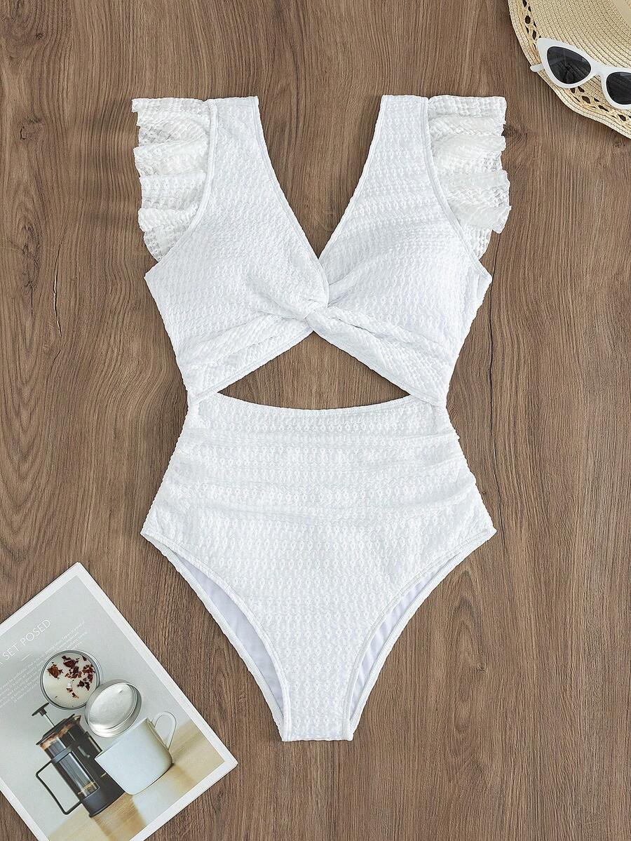 Swim Vcay 1pc White Twist Ruffle Backless Casual Vacation Party Holiday Beach One-Piece Swimsuit For Women, Spring/Summer - White - View 1