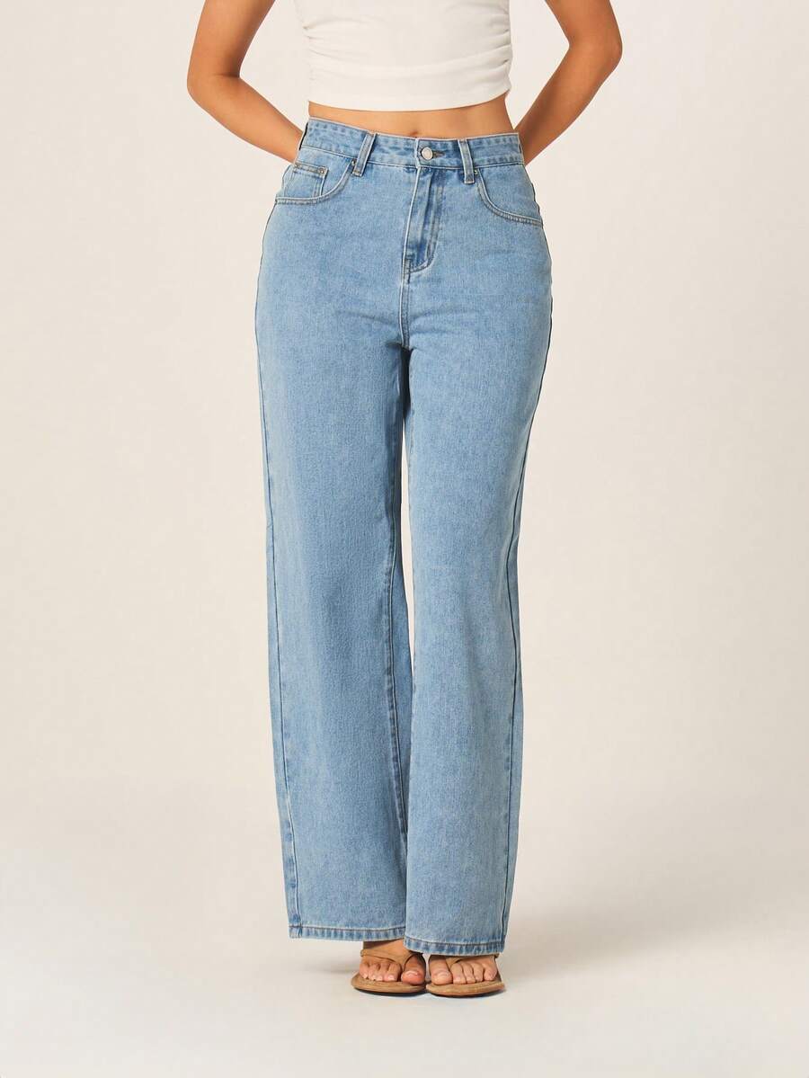MISSGUIDED Women's High Rise Wide Leg Denim Jeans With Light Blue Wash And Classic Five Pocket Design For Casual Spring Summer Everyday Wear - Blue - View 1