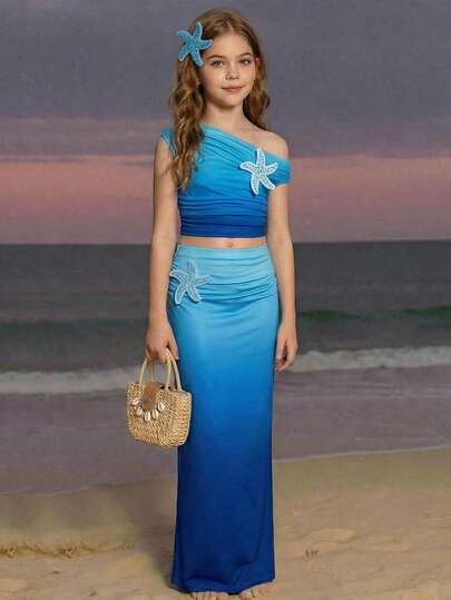 SHEIN Tween Girls Star Dec Blue Sleeveless Co-Ord With Asymmetrical Neck For Vacation Style Skirt 2Pieces Set Hawaii Outfits Island Girl Outfit Summer Outfits Beach Outfits Tween Girl Blue Color Mermaid Tie Dye Gradient Print Starfish Deco Patchwork Fitted Casual Elegant Comfortable Tank Top And Mid Skirt 2pcs Set, Suitable For Beach Vacation, Suitable For Music Festival, Boho Vacation, Summer Vacation Outfit,