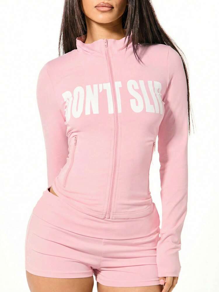 SUMWON WOMEN Women's Fitted Zip Through Funnel Neck Hoodie With Don't Slip Slogan Print Pink Long Sleeve Casual Sweatshirt