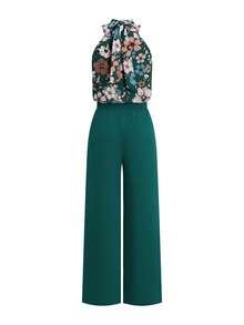 SHEIN Clasi 2pcs Women Elegant Dark Green Floral Print Halter Top And Solid Color Pants Set,Summer Retro Color-Blocked Sleeveless Neck Shirt And Trousers Brunch - Green - View 2