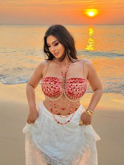 NU&NOW 大码串珠金属链露背吊带上衣，适合海岛度假/海滩穿着