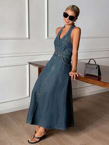 DAZY 西部牛仔吊带A字型休闲牛仔长裙，适合春秋季女性穿着 - 藍色 - 查看 5