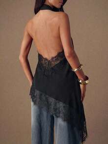 SHEIN BAE Blusa elegante de mujer con cuello halter, parches de encaje y bajo asimétrico - Negro - Ver 2