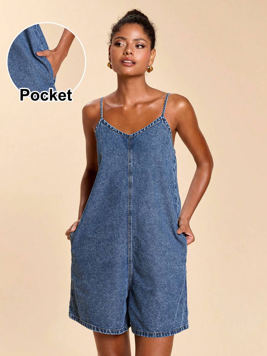 Travachic Women's Denim Overalls, Summer Suspender Jumpsuit Shorts With Pockets, Summer Vacation Outfit - Light Wash - View 1