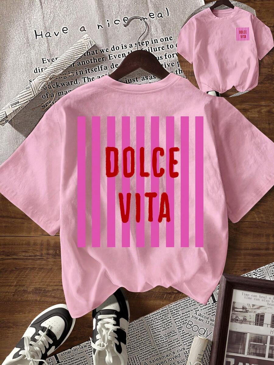 EMERY ROSE Áo thun nữ tay ngắn cổ tròn in chữ và sọc, kiểu dáng thường ngày, đa năng. - Màu Hồng baby - Xem 1