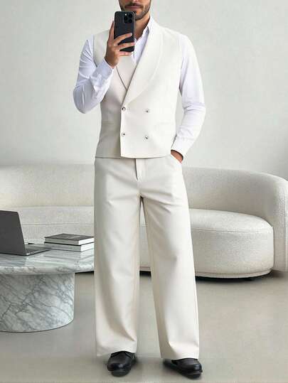 HUEFORM Men's Solid Color Double-Breasted Vest Jacket And Pants Casual Commuting Office Suit Set