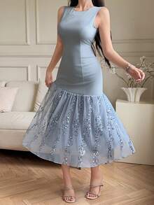 DAZY Đầm dài ngang gối không tay đính sequin thanh lịch dành cho nữ, đầm hè chống nắng cho nữ. - Màu xanh lam - Xem 7