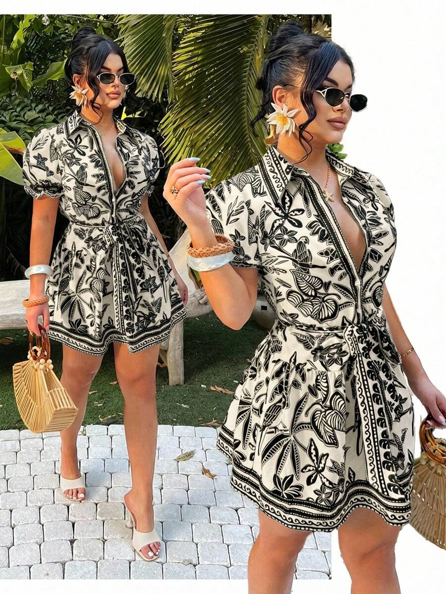 SHEIN SXY 波西米亚热带印花A字迷你连衣裙 - 黑色 - 查看 1