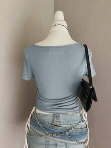 INAWLY Contrast Color Patchwork Side Drawstring Halter Neck 2 In 1 T-Shirt For Women - Baby Blue - View 2