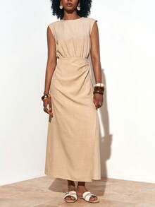 Zivah 春夏新款音乐节、复活节、圣帕特里克节、情人节、约会、西部风、游牧风、生日派对、毕业典礼、学院风、学生装、日常穿着、百搭基础款、休闲装、度假、邮轮旅行、海滩、日光浴、爆款、街头风、婚礼宾客、通勤、早午餐、机场、派对、假日郊游、办公室穿着 无袖圆领系腰木纽扣装饰长款裹身亚麻棕色连衣裙 - 棕色 - 查看 11