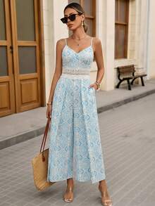 Brillora Women's White And Blue Floral Print Contrast Lace Wide Leg Jumpsuit,Summer Boho Vacation Holiday Beach Outfit,Casual Spring Style Jumpsuit - Blue and White - View 2