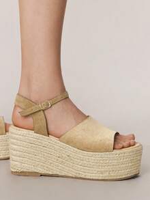 Styleloop Women's Platform Wedge Sandals, Summer Open Toe Bohemian Holiday Sandals, Woven Rope Roman Beach Sandals With One-Strap Buckle, Suitable For Holiday Season, Spring/Summer, Bohemian & Resort Style - Khaki - View 7