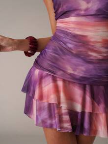 SHEIN BAE Women's Casual Vacation Mesh Pattern Print Ruched Hem A-Line Mini Dress, Suitable For Beach Vacation, Sisterly Vacation, Casual Outing, Sisterly Dates, Romantic Dates, Casual Vacation, Strapless Pattern Dress, Music Festival, Sexy & Cute Dress, Ombre Pink Dress - Pink - View 6