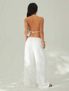 SHEIN PETITE 两件套服装，包括系带露背吊带背心和阔腿抽绳裤，适合夜店、度假、海滩、锐舞派对、夏威夷海岛度假等场合。 - 白色 - 查看 2