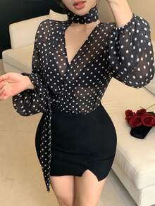 DAZY 女士波点缎带设计时尚百搭日常衬衫 - 黑色 - 查看 7