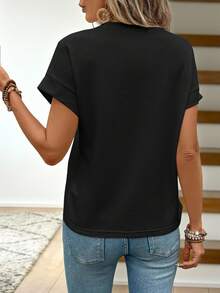 Easowa Waffle Texture Skin-Friendly Drop-Shoulder Apricot Women's T-Shirt - Black - View 2