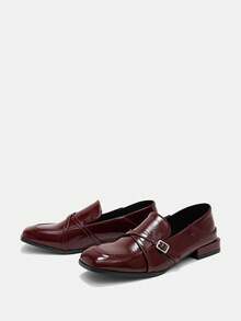 Bholvia Women's Metal Bit Decor Square Toe Block Heel, Retro, Patent Leather, Burgundy Loafers, Office Spring Shoes Summer Shoes - Burgundy - View 10