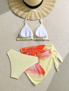 SHEIN Bộ bikini hai mảnh in hoa dành cho bé gái tuổi teen, kiểu yếm, kèm váy sarong cùng màu, thích hợp cho kỳ nghỉ biển. - Màu vàng - Xem 2