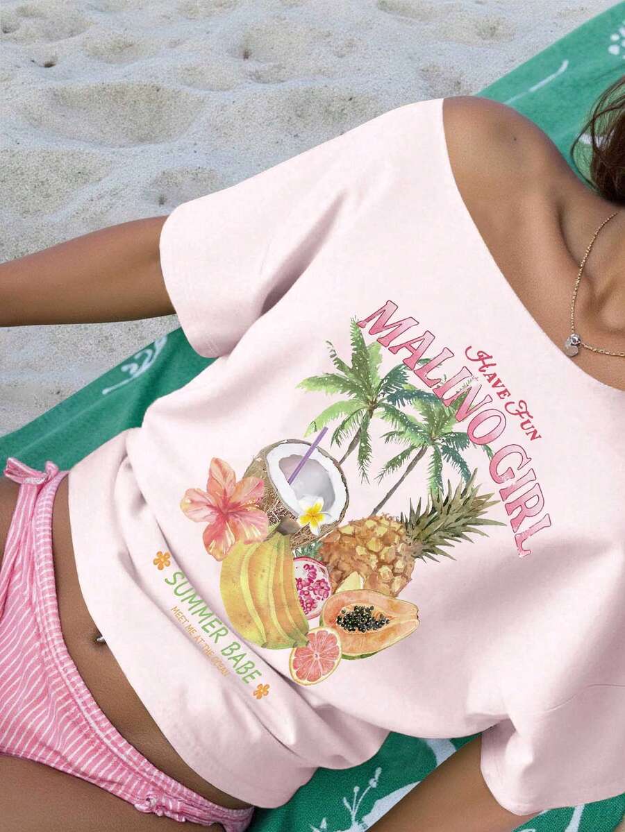 INAWLY Women's Loose Asymmetric-Shoulder T-Shirt With Fruit & Coconut Pattern, Cream Yellow Beach Vacation Crop Top - Baby Pink - View 1