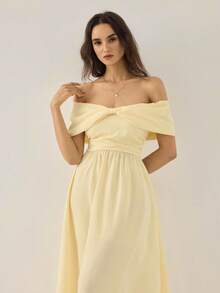 SHEIN Raffinéa 女士优雅浪漫精致露肩蝴蝶结裹腰A字连衣裙，适合春夏外出和约会 - 杏色 - 查看 3