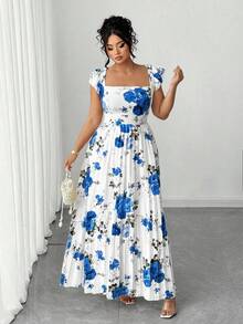 Elenzga Plus Size Women's Vintage French Style Versatile Vacation Date Ruched Waist Slimming Floral Print Ruffle Sleeve Square Neck Maxi Dress - Blue and White - View 4