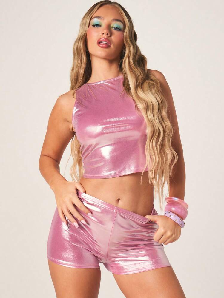 MISSGUIDED Conjunto de Cropped e Shorts Curtos Metalizado Rosa Brilhante, Conjunto de Festa e Festival