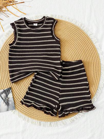 SHEIN Vintaside Kids 2件套女童条纹提花针织宽松背心短裤套装，适合休闲、度假、运动、夏季穿着